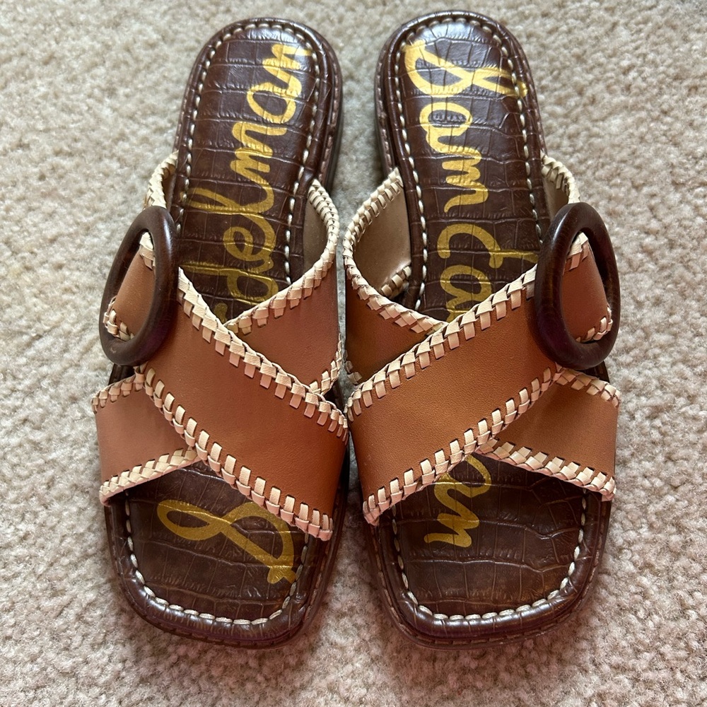 Sam Edelman Tan and Dark Brown Leather Slide Sandals with Buckle Accent